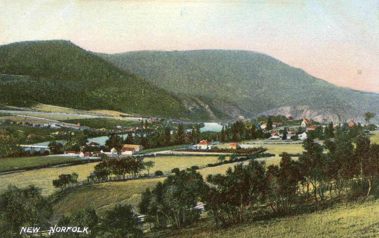 Scan of an old postcard of New Norfolk, Tasmania circa 1870
