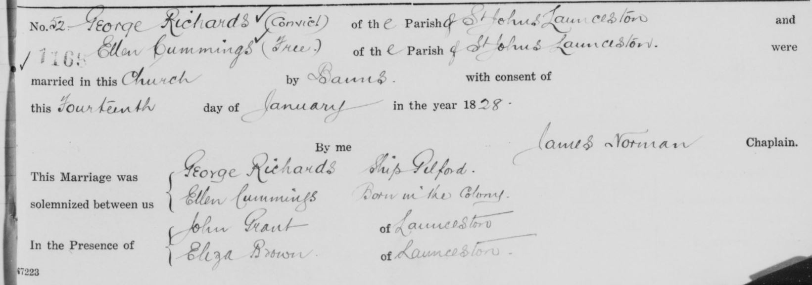 Marriage record of George Richards and Ellen Cummings